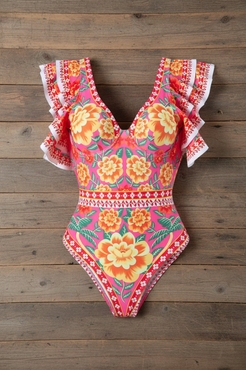 A floral print one-piece swimsuit with a v-neck neckline and sleeveless design, predominantly pink with red and white floral patterns.