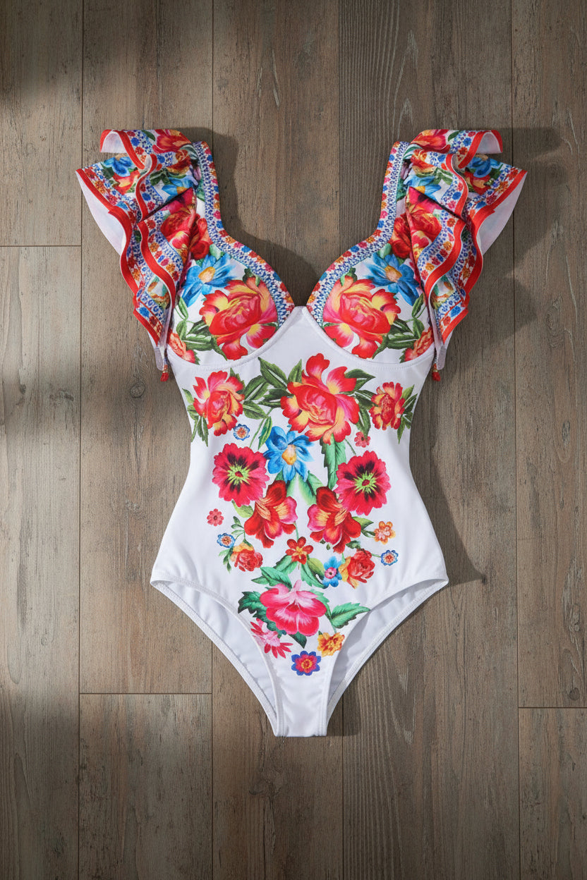 A floral print one-piece swimsuit with a skirt attached, featuring a mix of colorful flowers and a multicolored pattern on a white background.
